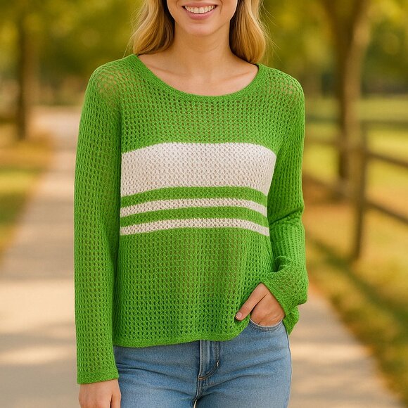 Relativity Open Weave Green and White Crew Neck Sweater (Sz MP) - Picture 1 of 11